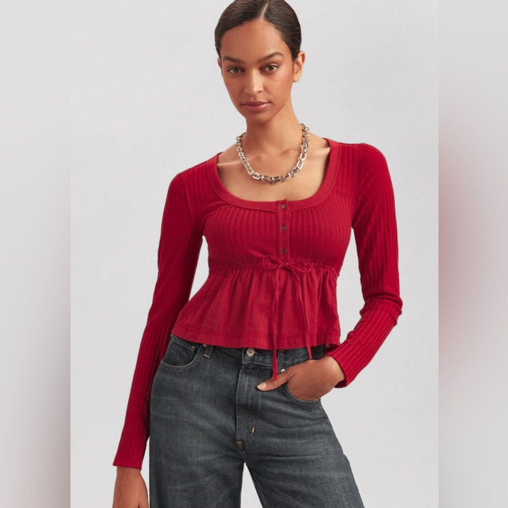Red Babydoll Long Sleeve by Anthropologie Pilcro Scoop Neck • NWT